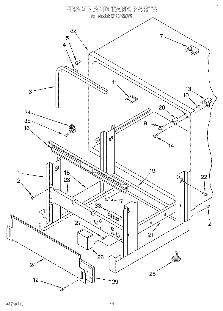 FRAME AND TANK Diagram and Parts List for KUDJ230Y2  KitchenAid Dishwasher