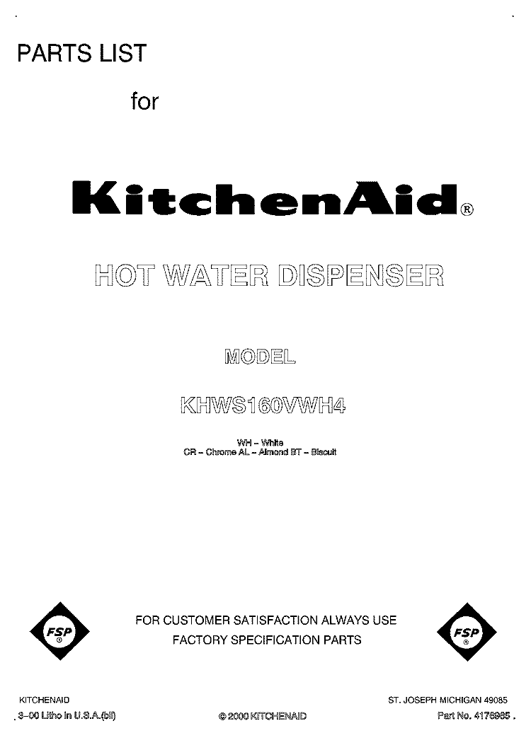 FRONT PAGE Diagram and Parts List for KHWS160VWH4  KitchenAid Miscellaneous