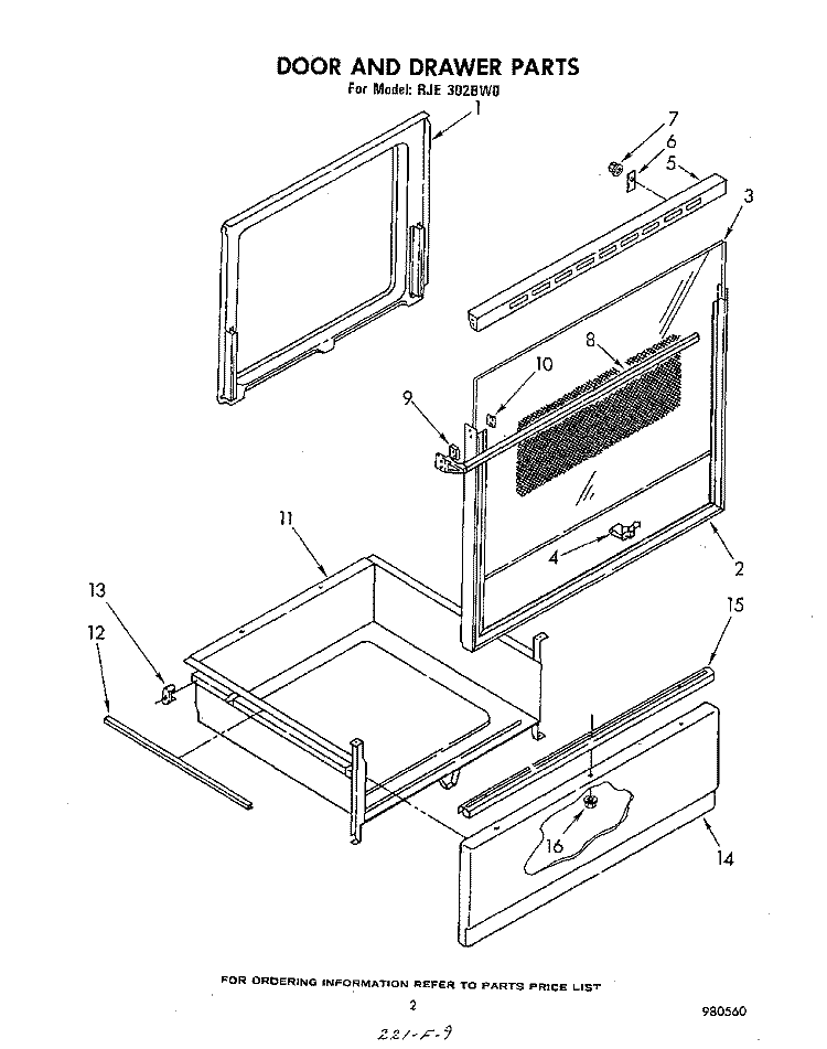 DOOR AND DRAWER, LIT/OPTIONAL Diagram and Parts List for RJE302BW0  Whirlpool Range