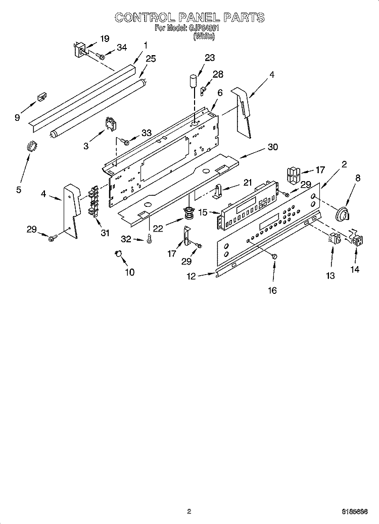 CONTROL PANEL PARTS Diagram and Parts List for GJP84801  Whirlpool Range