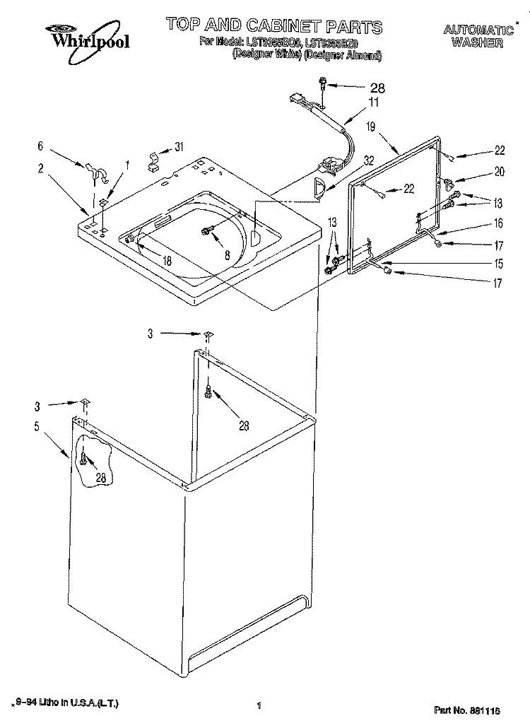 TOP AND CABINET, LIT/OPTIONAL Diagram and Parts List for LST9355BZ0  Whirlpool Washer