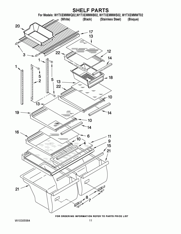 SHELF PARTS Diagram and Parts List for W1TXEMMWT02  Whirlpool Refrigerator