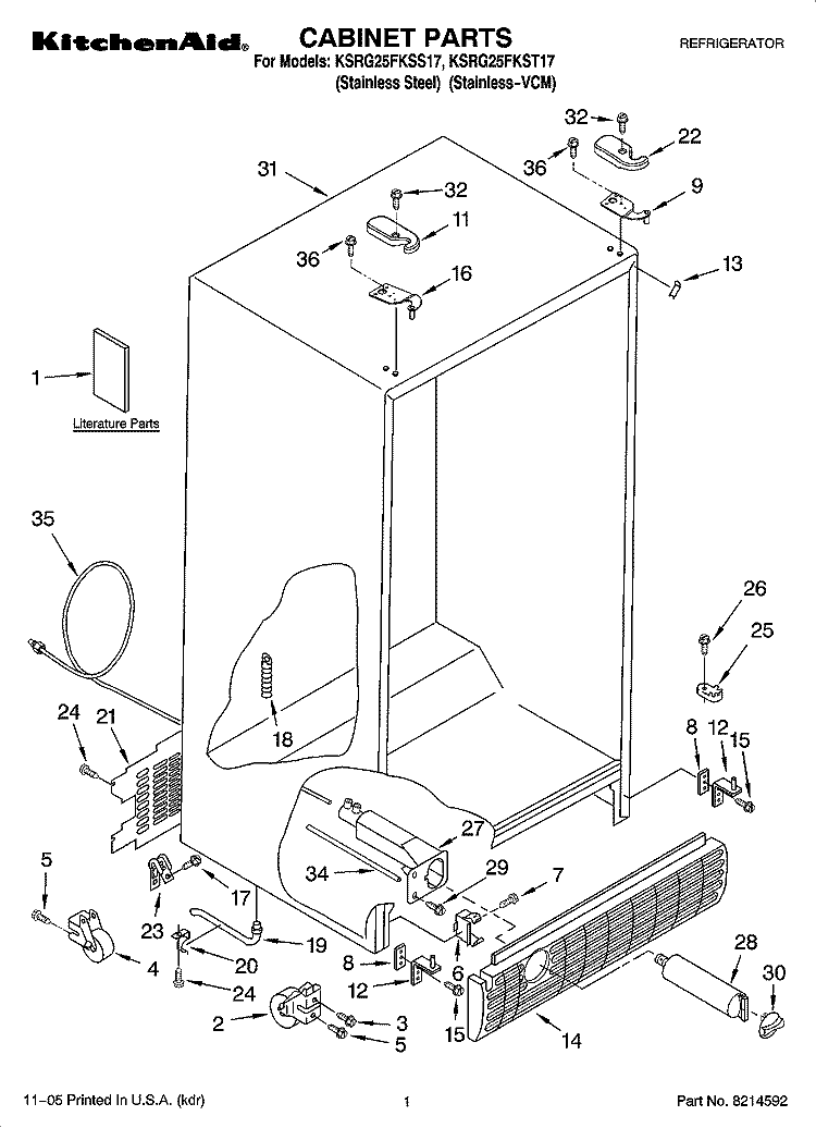 CABINET PARTS Diagram and Parts List for KSRG25FKSS17  KitchenAid Refrigerator