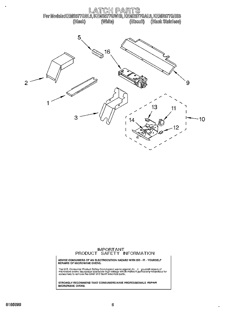 LATCH Diagram and Parts List for KEMS377GAL3  KitchenAid Microwave Oven Combo
