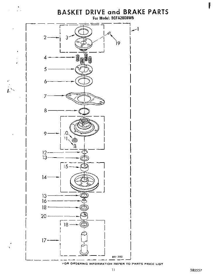 BASKET DRIVE AND BRAKE Diagram and Parts List for 9CFA2000W5  Whirlpool Washer