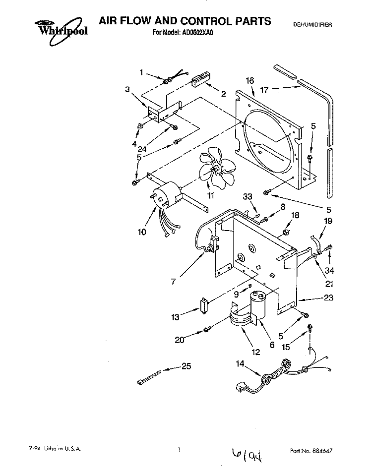 SECTION Diagram and Parts List for AD0502XA0  Whirlpool Dehumidifier