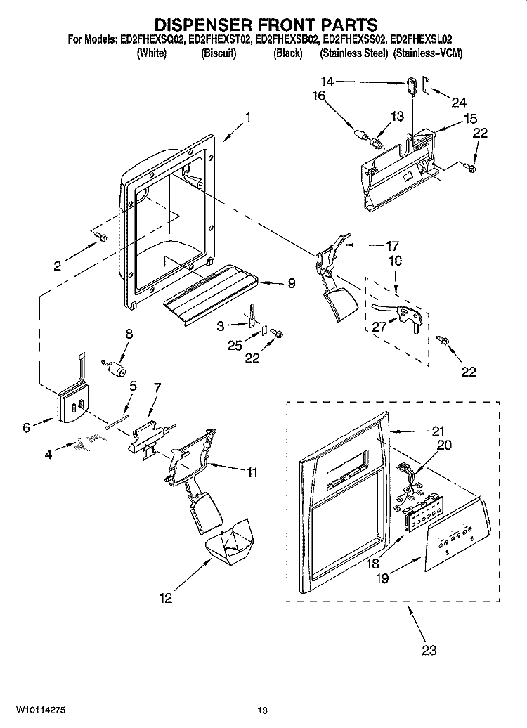 DISPENSER FRONT PARTS Diagram and Parts List for ED2FHEXSL02  Whirlpool Refrigerator