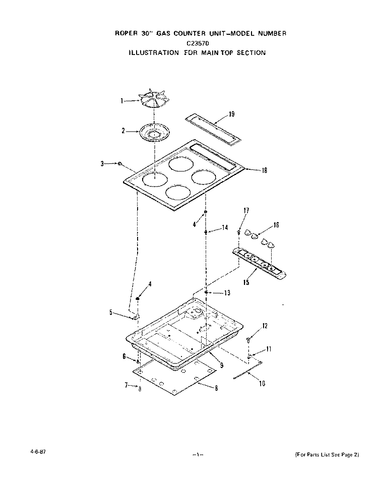 MAIN TOP Diagram and Parts List for C2357^0  Whirlpool Cooktop