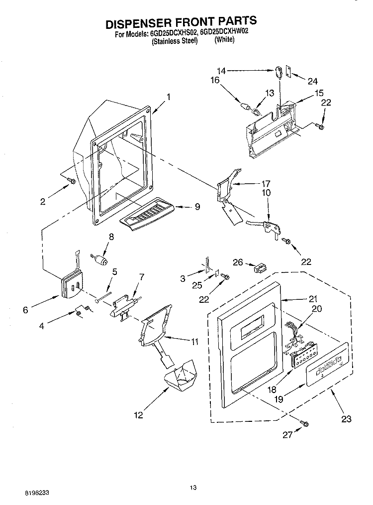 DISPENSER FRONT Diagram and Parts List for 6GD25DCXHW02  Whirlpool Refrigerator