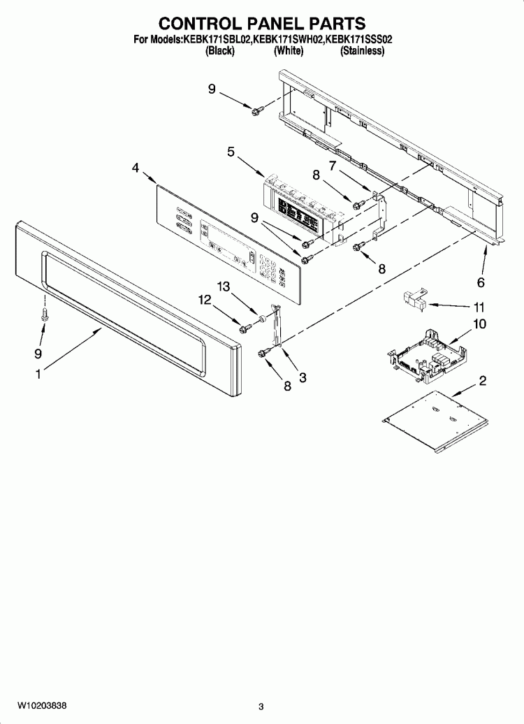 CONTROL PANEL PARTS Diagram and Parts List for KEBK171SBL02  KitchenAid Wall Oven