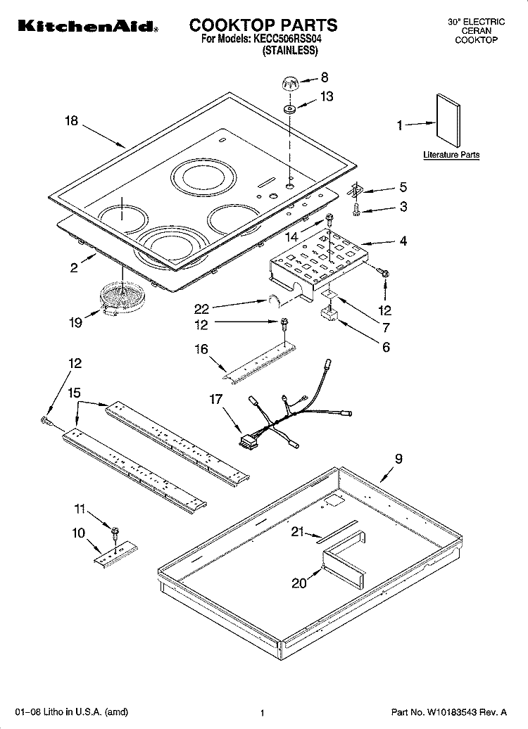 COOKTOP PARTS, OPTIONAL PARTS Diagram and Parts List for KECC506RSS04  KitchenAid Cooktop