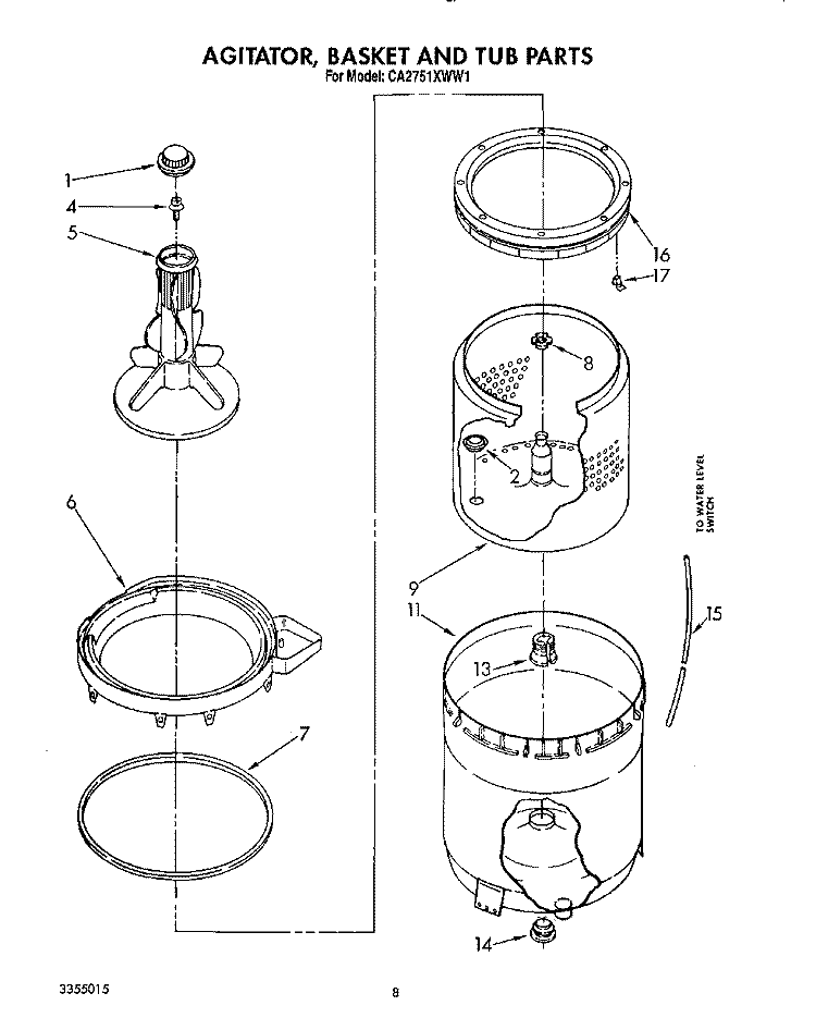 AGITATOR, BASKET AND TUB Diagram and Parts List for CA2751XWW1  Whirlpool Washer