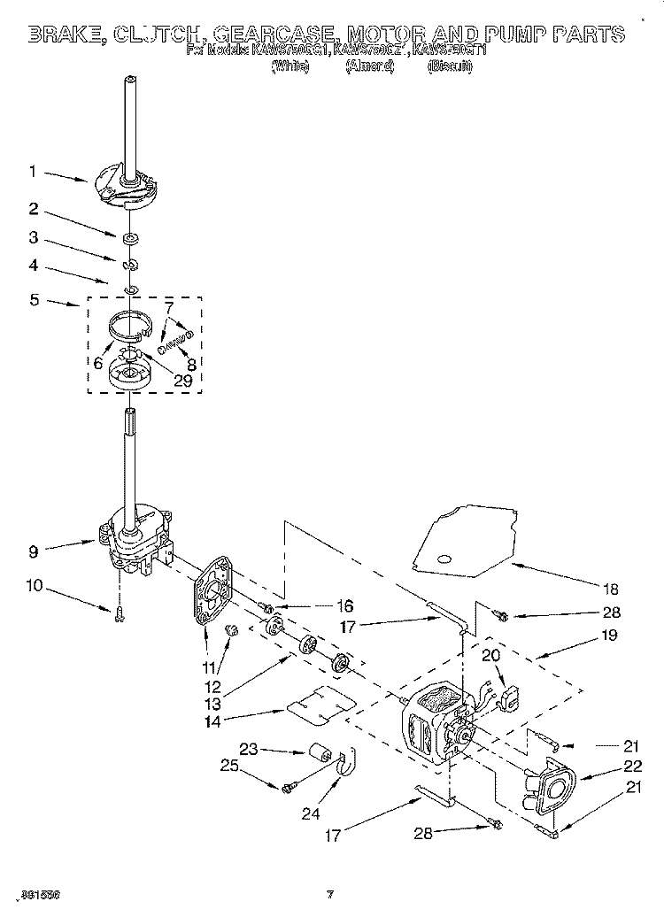 BRAKE, CLUTCH, GEARCASE, MOTOR AND PUMP Diagram and Parts List for KAWS750GQ1  KitchenAid Washer