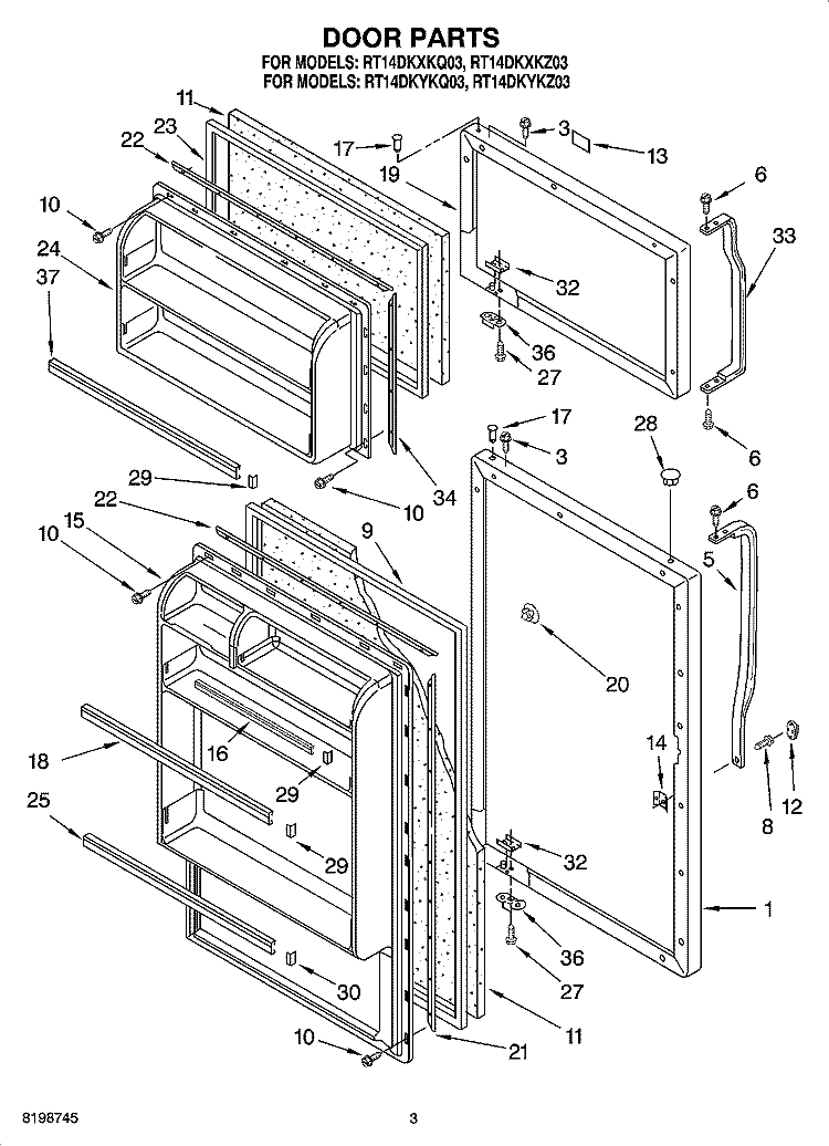 DOOR PARTS Diagram and Parts List for RT14DKYKZ03  Roper Refrigerator