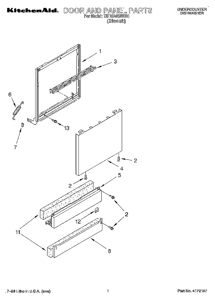 DOOR AND PANEL Diagram and Parts List for KUDS24SEBT0  KitchenAid Dishwasher