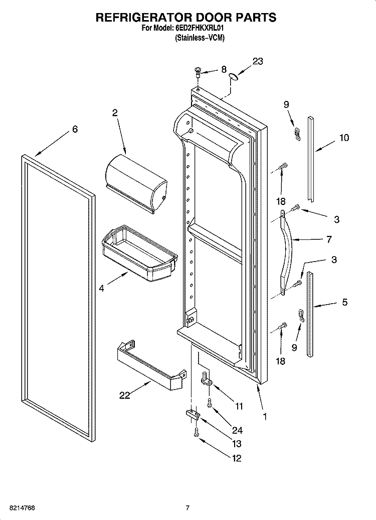 REFRIGERATOR DOOR PARTS Diagram and Parts List for 6ED2FHKXRL01  Whirlpool Refrigerator