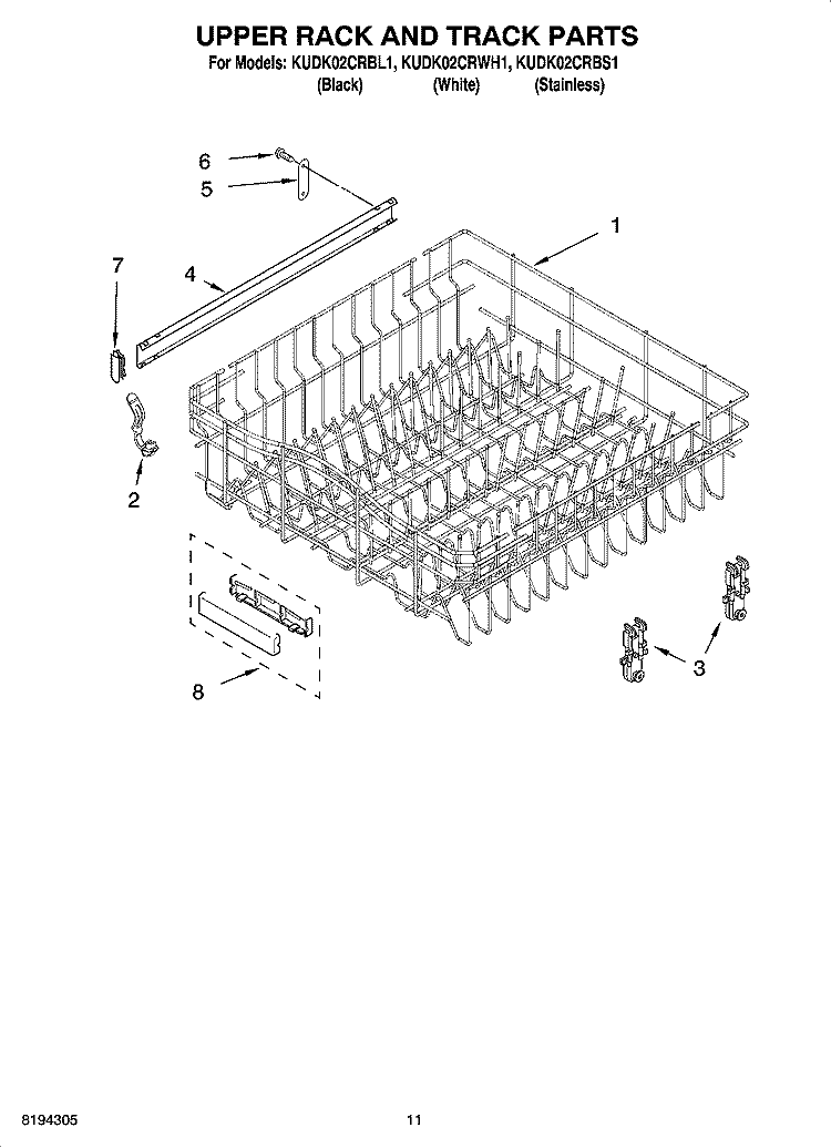 UPPER RACK AND TRACK PARTS Diagram and Parts List for KUDK02CRBS1  KitchenAid Dishwasher