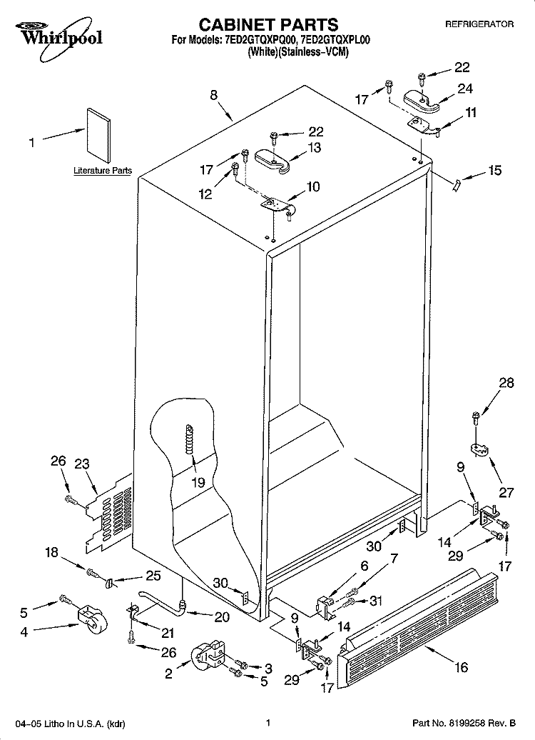 CABINET PARTS Diagram and Parts List for 7ED2GTQXPL00  Whirlpool Refrigerator