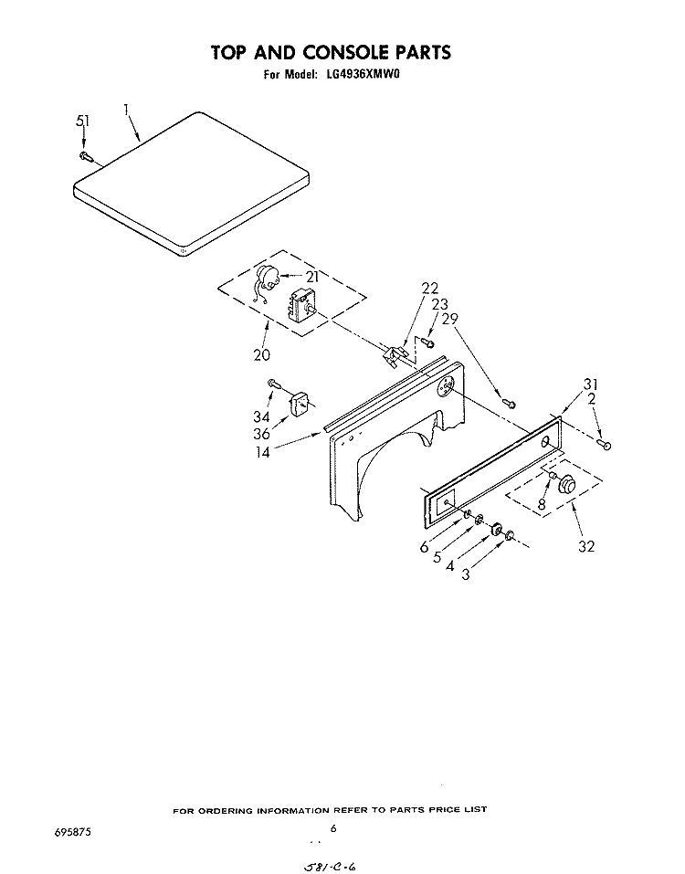 TOP AND CONSOLE Diagram and Parts List for LG4936XMW0  Whirlpool Dryer