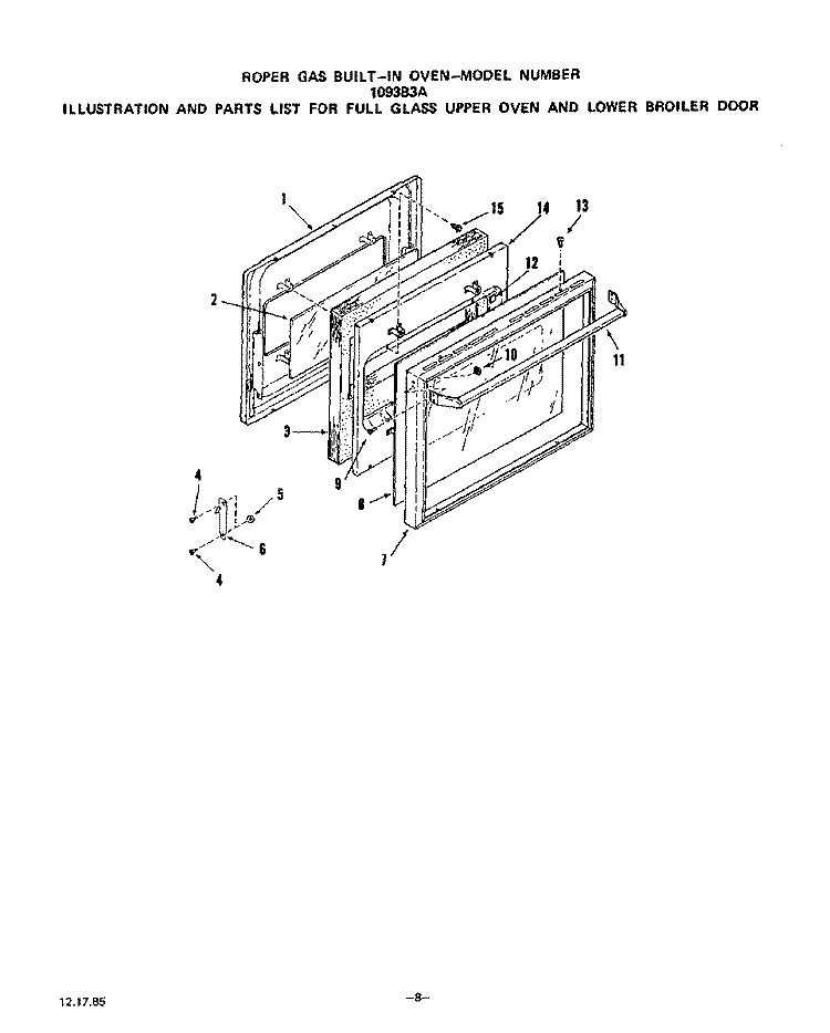 FULL GLASS UPPER OVEN AND LOWER BROILER Diagram and Parts List for 1093B3A  Roper Wall Oven