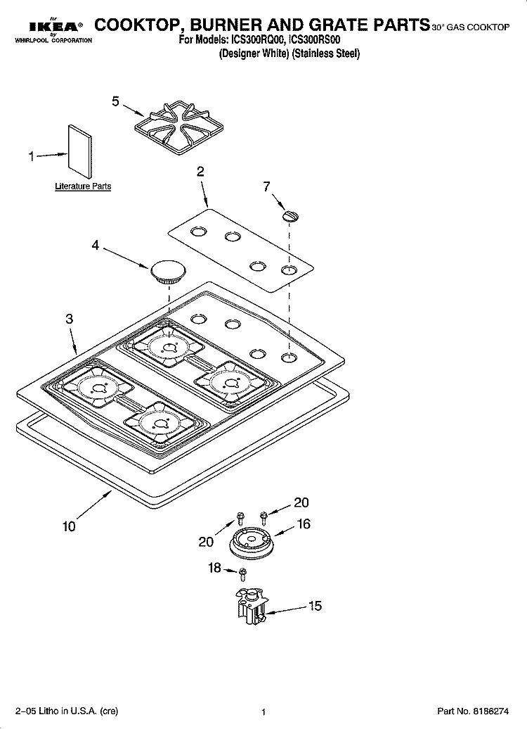 COOKTOP, BURNER AND GRATE PARTS Diagram and Parts List for ICS300RQ00  Whirlpool Cooktop