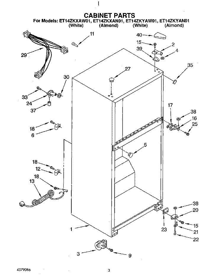 CABINET Diagram and Parts List for ET14ZKYAN01  Whirlpool Refrigerator