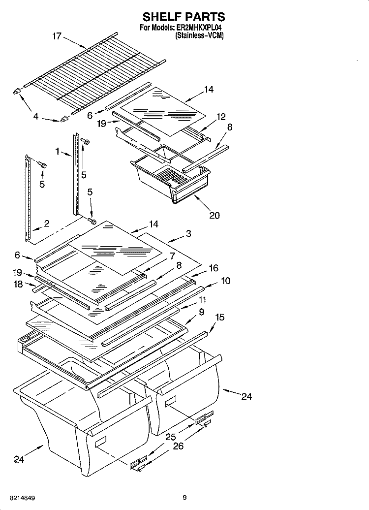 SHELF PARTS, OPTIONAL PARTS (NOT INCLUDED) Diagram and Parts List for ER2MHKXPL04  Whirlpool Refrigerator