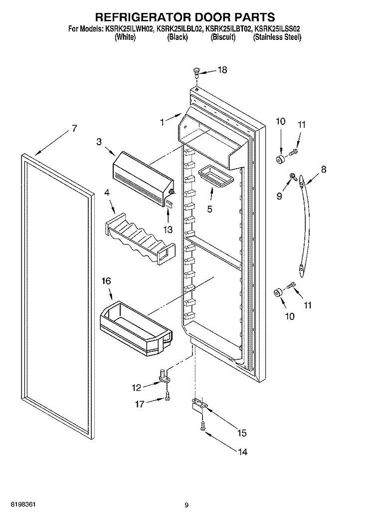 REFRIGERATOR DOOR Diagram and Parts List for KSRK25ILBL02  KitchenAid Refrigerator