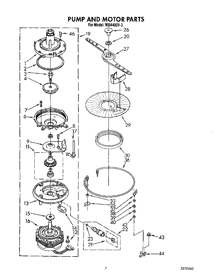 PUMP AND MOTOR Diagram and Parts List for WU4400V3  Roper Dishwasher