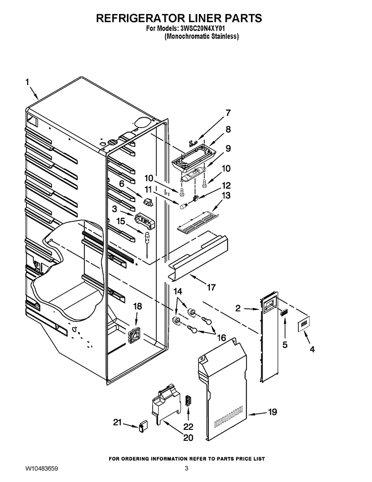 REFRIGERATOR LINER PARTS Diagram and Parts List for 3WSC20N4XY01  Whirlpool Refrigerator