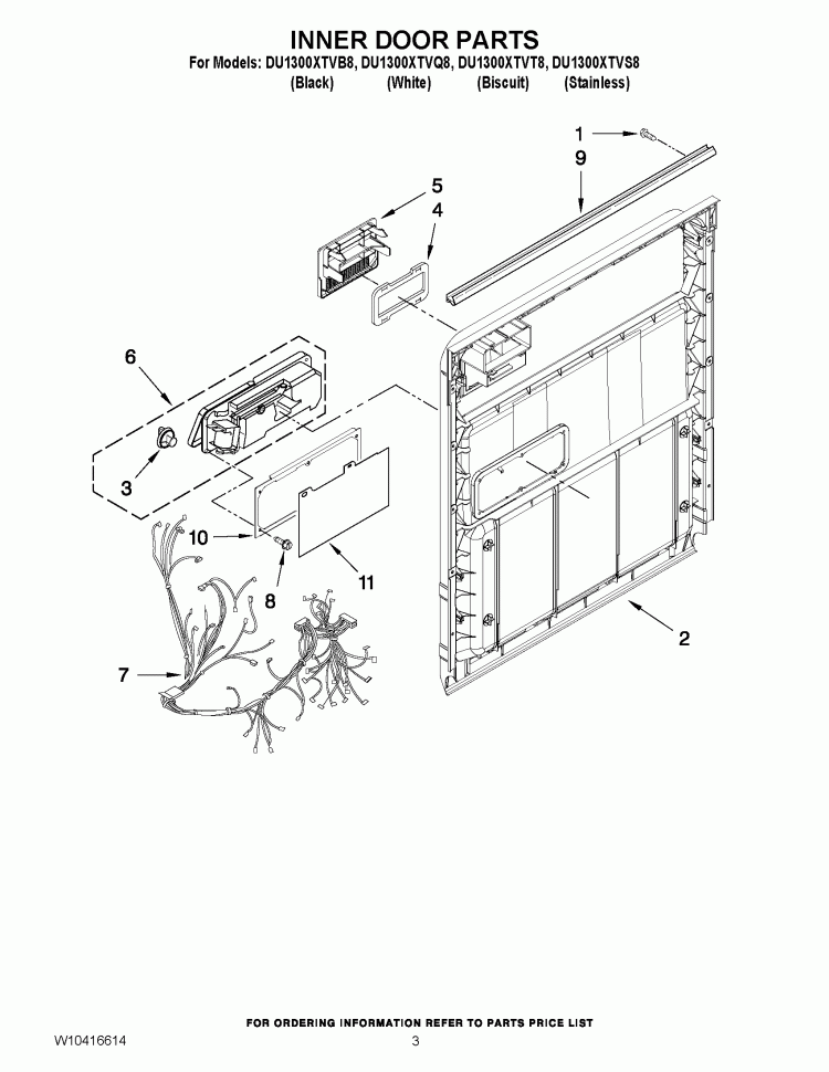 INNER DOOR PARTS Diagram and Parts List for DU1300XTVB8  Whirlpool Dishwasher