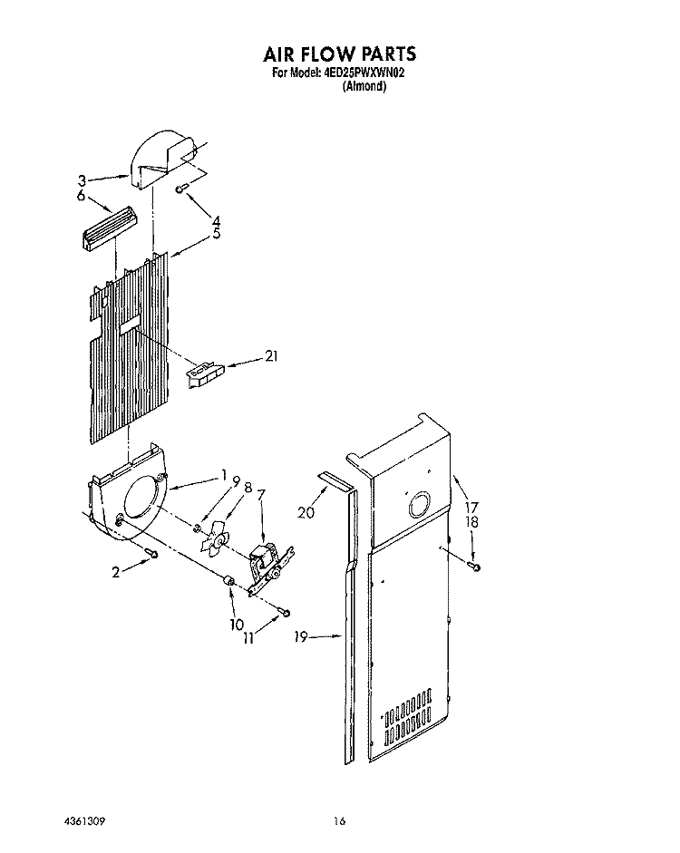 AIR FLOW Diagram and Parts List for 4ED25PWXWN02  Whirlpool Refrigerator