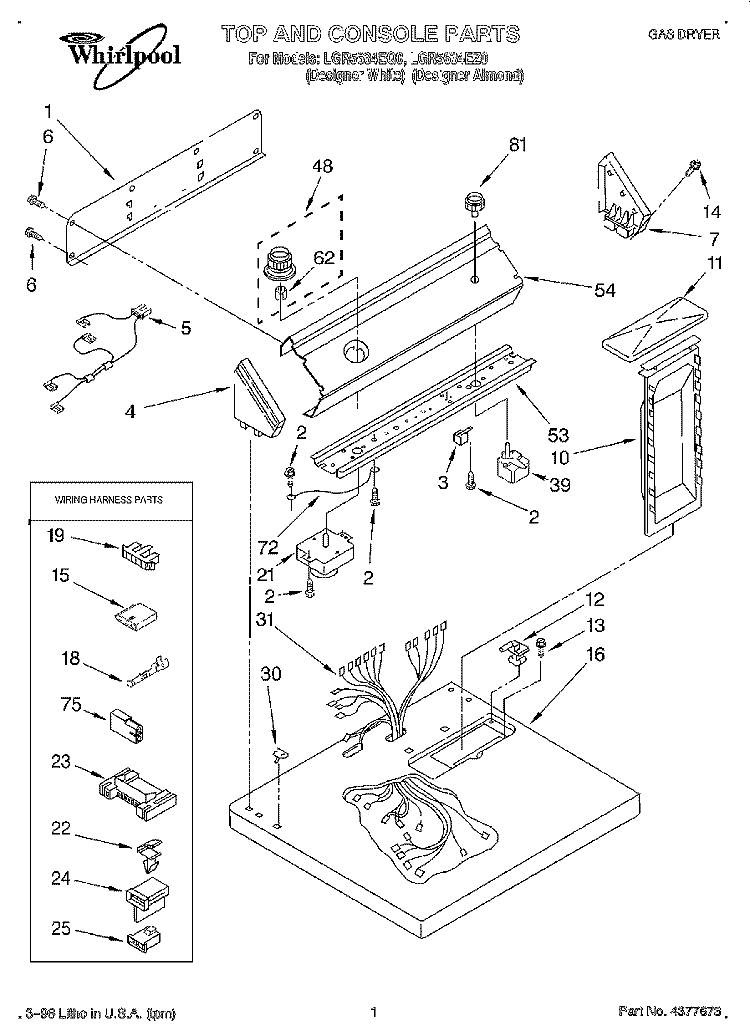 TOP AND CONSOLE, LIT/OPTIONAL Diagram and Parts List for LGR5634EZ0  Whirlpool Dryer