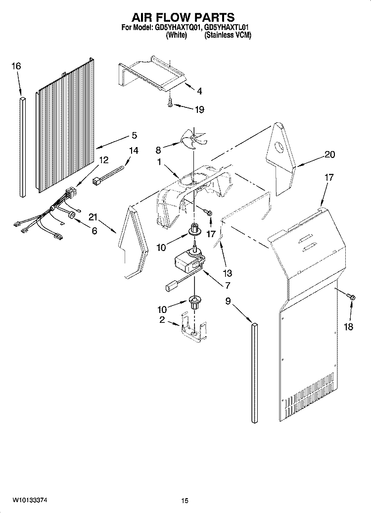 AIR FLOW PARTS Diagram and Parts List for GD5YHAXTQ01  Whirlpool Refrigerator