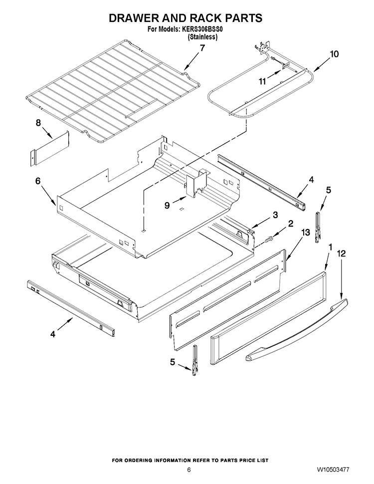 DRAWER AND RACK PARTS Diagram and Parts List for KERS306BSS0  KitchenAid Range