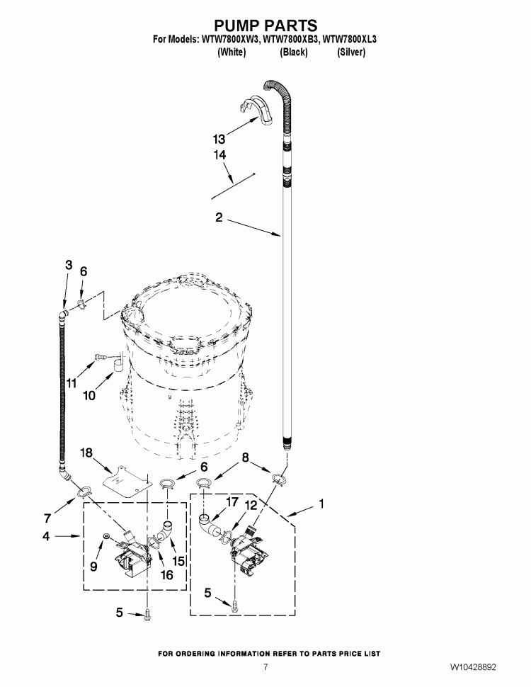PUMP PARTS Diagram and Parts List for WTW7800XB3  Whirlpool Washer