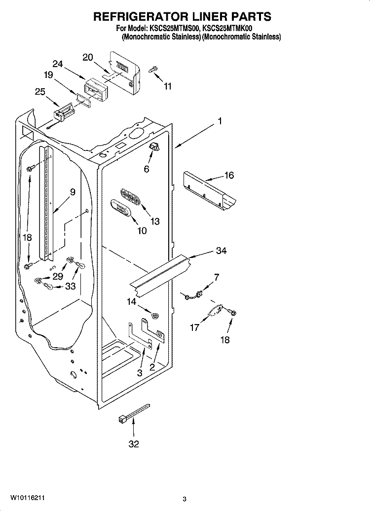 REFRIGERATOR LINER PARTS Diagram and Parts List for KSCS25MTMS00  KitchenAid Refrigerator