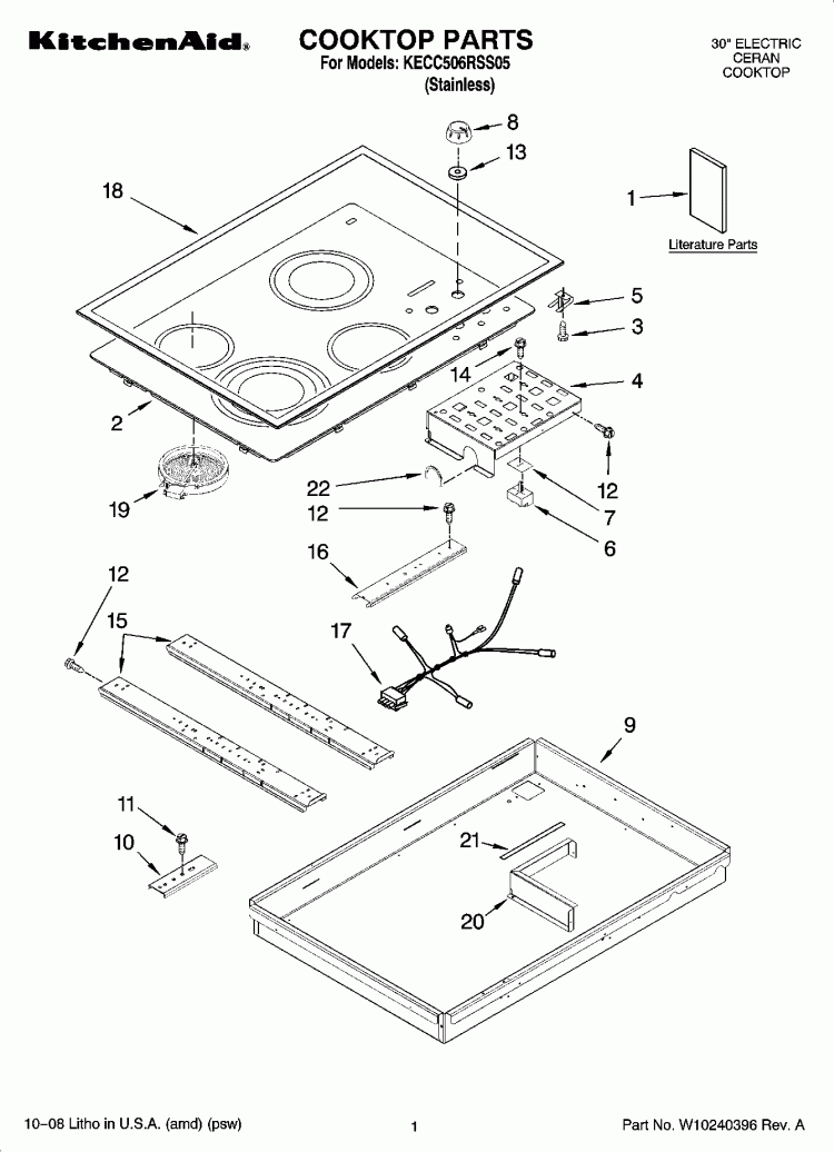 COOKTOP PARTS, OPTIONAL PARTS Diagram and Parts List for KECC506RSS05  KitchenAid Cooktop
