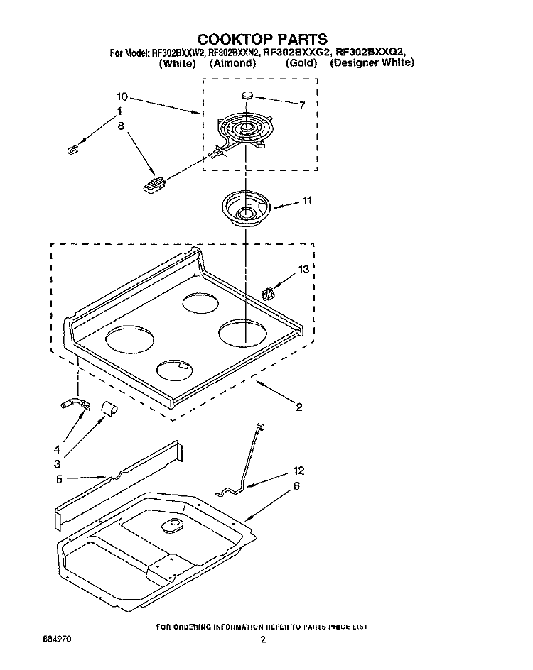 COOKTOP, LIT/OPTIONAL Diagram and Parts List for RF302BXXG2  Whirlpool Range
