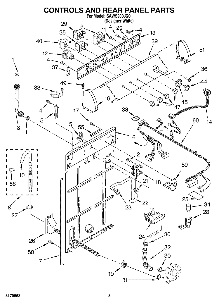 CONTROLS AND REAR PANEL Diagram and Parts List for SAWS900JQ0  Whirlpool Washer