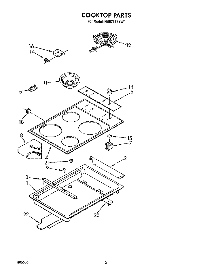 COOKTOP Diagram and Parts List for RS6755XYW0  Whirlpool Range