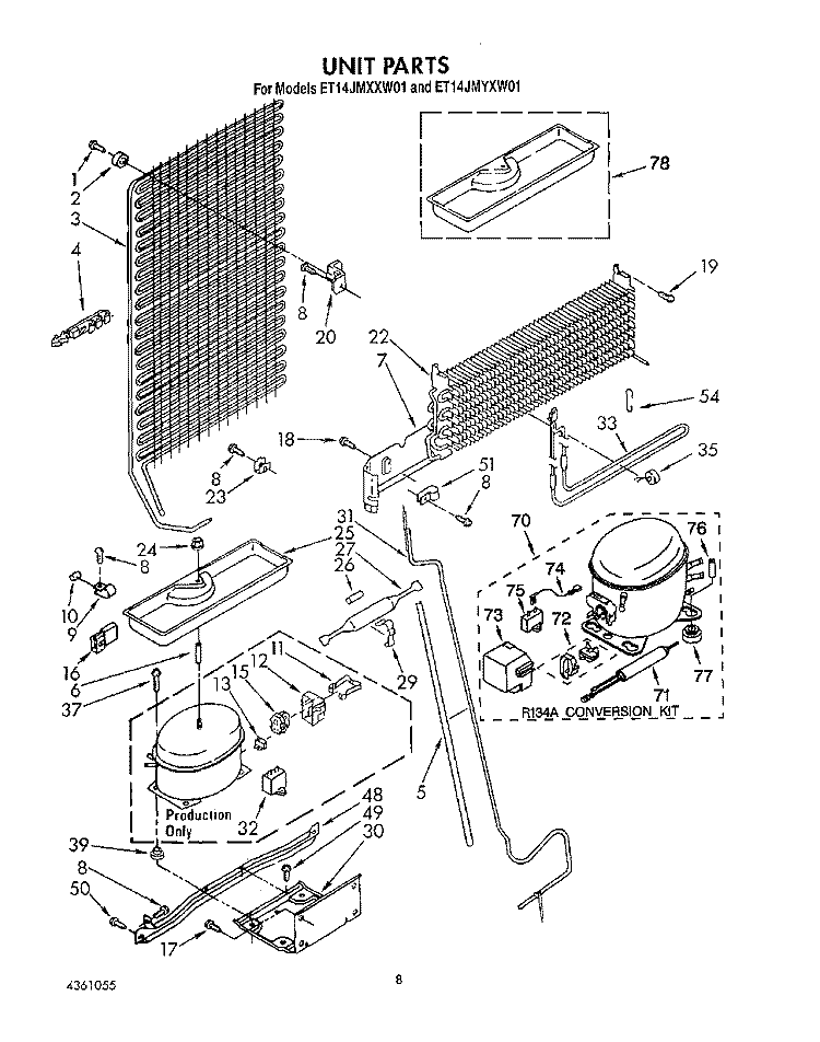 UNIT Diagram and Parts List for ET14JMXXN01  Whirlpool Refrigerator