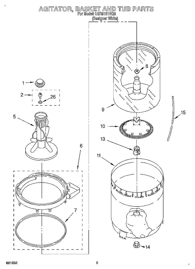 AGITATOR, BASKET AND TUB Diagram and Parts List for LSR5121HQ0  Whirlpool Washer