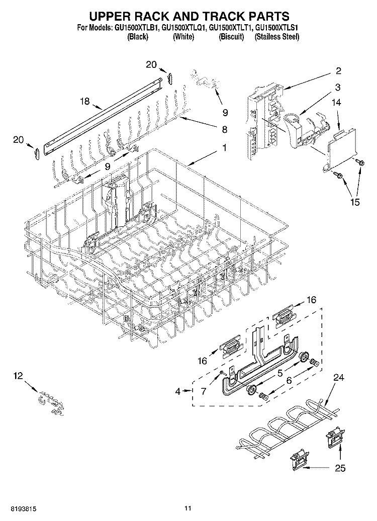 UPPER RACK AND TRACK PARTS Diagram and Parts List for GU1500XTLT1  Whirlpool Dishwasher