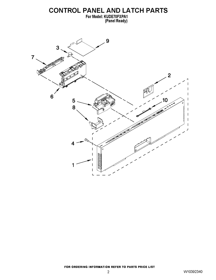CONTROL PANEL AND LATCH PARTS Diagram and Parts List for KUDE70FXPA1  KitchenAid Dishwasher