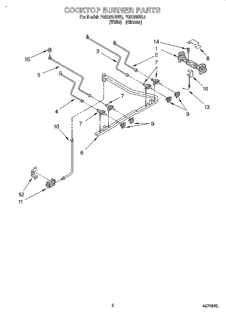 COOKTOP BURNER Diagram and Parts List for FGS385BL5  Roper Range