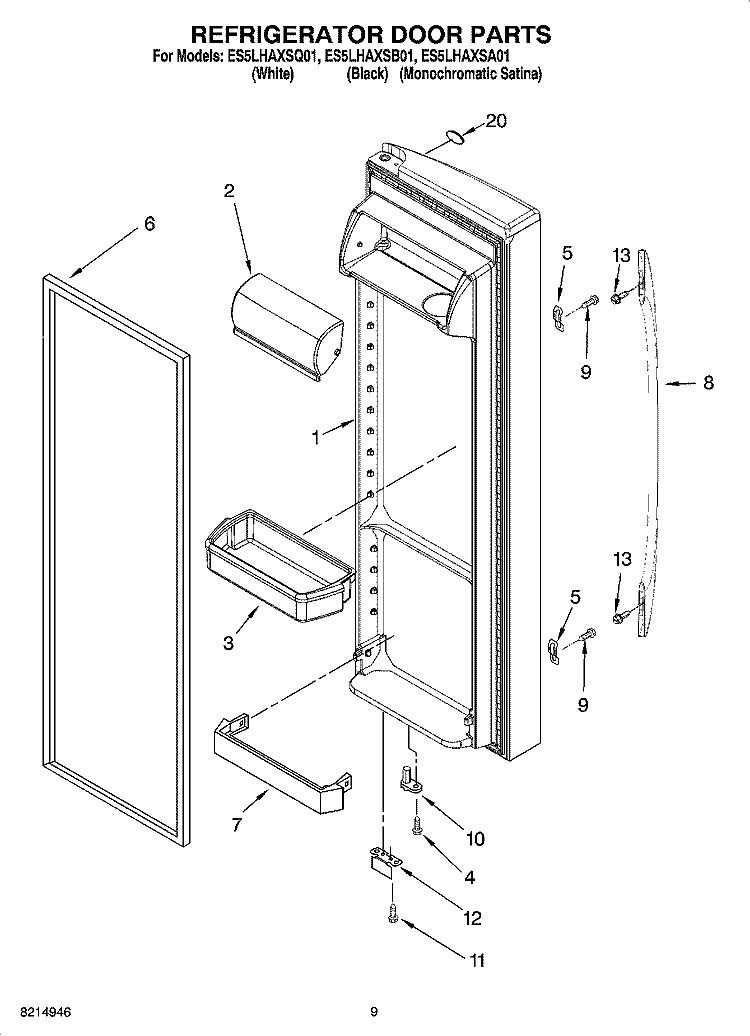 REFRIGERATOR DOOR PARTS Diagram and Parts List for ES5LHAXSQ01  Whirlpool Refrigerator