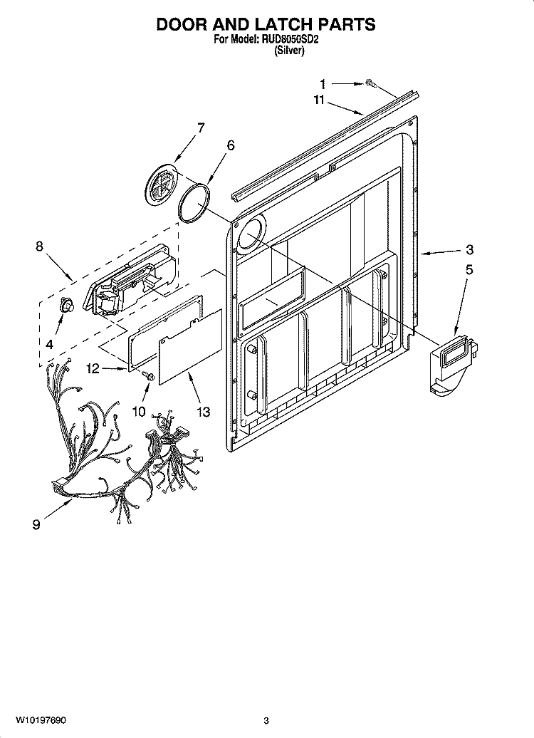 DOOR AND LATCH PARTS Diagram and Parts List for RUD8050SD2  Roper Dishwasher