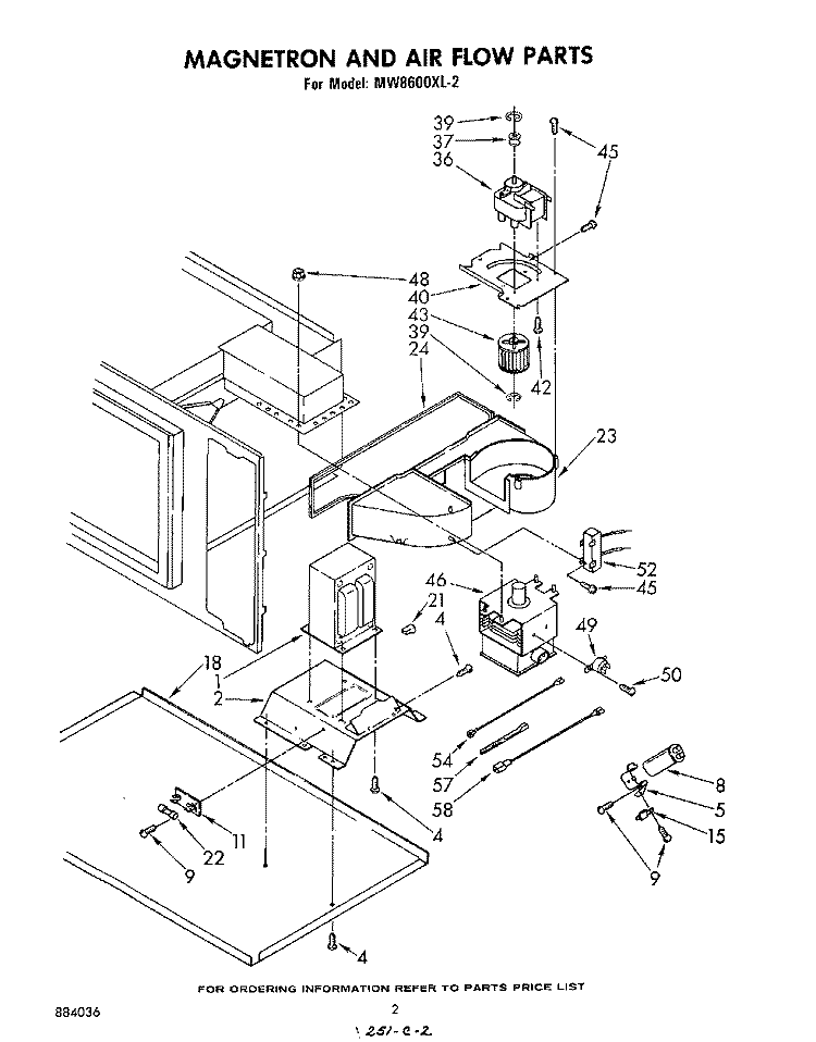 MAGNETRON AND AIR FLOW Diagram and Parts List for MW8600XL2  Whirlpool Microwave