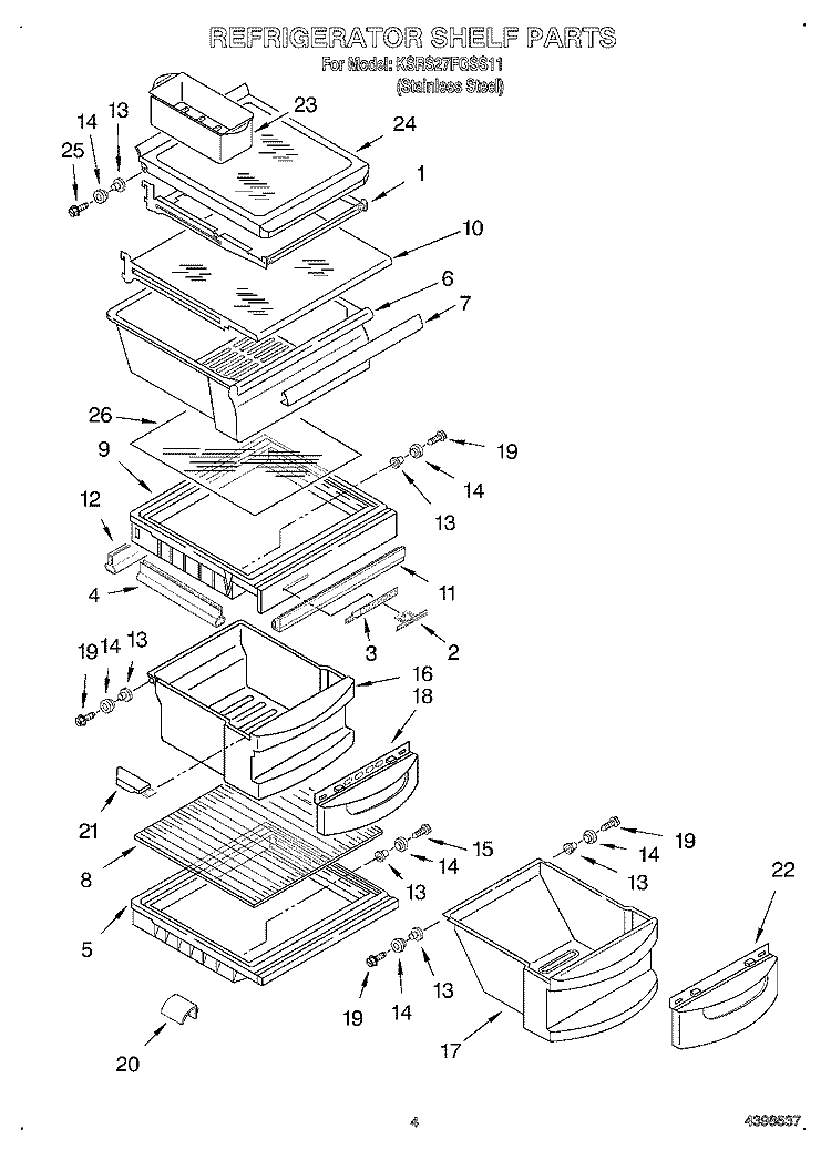REFRIGERATOR SHELF Diagram and Parts List for KSRS27FGSS11  KitchenAid Refrigerator
